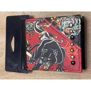 New Ed Hardy Men's Bifold Wallet Red Faux Leather Panther Dragon Heart Tattoo